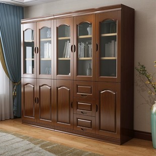 中式实木书柜带玻璃门落地组合书架柜家用客厅，置物柜书房办公书橱