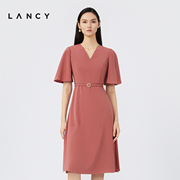 LANCY/朗姿2023夏季V领短袖连衣裙子女收要显瘦气质通勤裙子