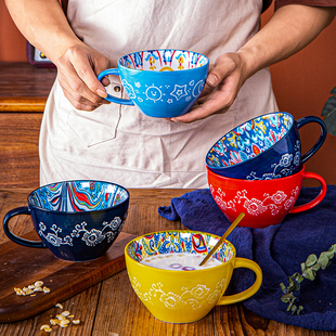 波西米亚陶瓷早餐杯高颜值燕麦杯大容量水杯微波炉加热牛奶咖啡杯