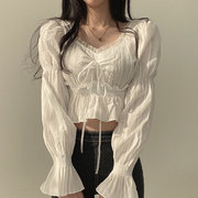 韩国chic秋季甜美减龄花边，方领系带蝴蝶结修身显瘦喇叭袖短款衬衫