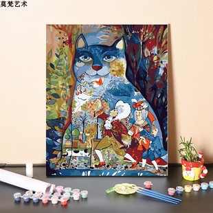 数字油画diy手工填充个性印花抽象猫手绘涂色儿童房减压油彩画画