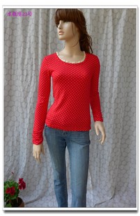 百搭显瘦长袖圆领波点秋季修身打底衫t恤女士红色小圆点
