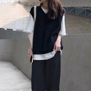 夏季单件/套装韩版纯色学生T恤宽松马甲女阔腿裤子短袖三件套