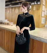 丝绒旗袍中袖黑色弹力日常可穿2024年春季大码中年平时穿妈妈