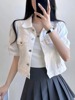 韩国chic夏季法式复古简约翻领泡泡短袖白色牛仔，衬衫外套短款上衣