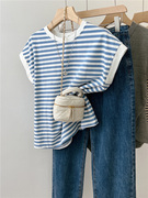 蓝色条纹纯棉无袖t恤女夏季2023设计感小众休闲宽松短袖上衣