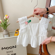女童夏装上衣无袖2024儿童白色衬衫韩版女宝宝，夏季洋气娃娃衫