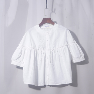 白色圆领娃娃款落肩款衬衫法式蕾丝刺绣，镂空设计纯棉小衫上衣衬衣