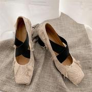 羊皮版~新中式方头，交叉绑带芭蕾鞋女粗跟玛丽珍鞋浅口中跟单鞋子