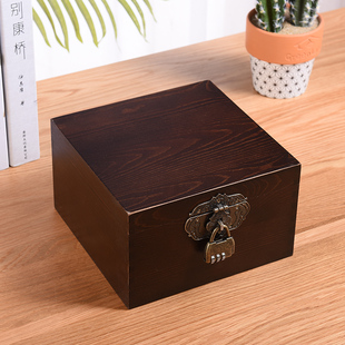 带锁收纳盒木质证件盒桌面储物盒子家用实木复古正方形密码小木盒