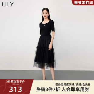 LILY2023秋女装别致复古方领洋气拼接活泼蓬蓬裙连衣裙小黑裙