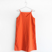纯色棉麻吊带裙(橘色)休闲简约中长裙，复古优雅单色气质吊带连衣裙