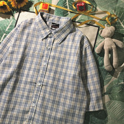 棉麻短袖衬衫男夏季薄款ins潮流，日系外套设计感小众格子衬衣男