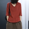 2021秋季韩版女装宽松显瘦中袖V领套头针织衫五分袖打底毛衣