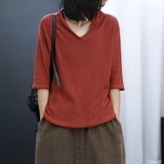 2023秋季韩版女装，宽松显瘦中袖v领套头针织衫，五分袖打底毛衣