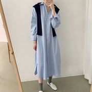 韩国chic秋季温柔奶软蓝翻领，单排扣宽松休闲长袖衬衫式连衣裙长裙