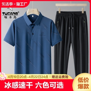 啄木鸟男装夏季短袖长裤，两件套中老年爸爸装速干polo衫父亲节套装