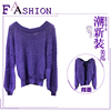 紫色毛衣女2023早秋法式设计感后背系带圆领灯笼袖针织羊毛衫