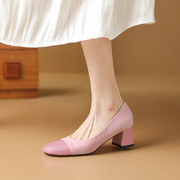 doublereal通勤粉色，高跟鞋单鞋中跟真皮鞋子女鞋2024春款