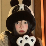 可爱熊猫帽子女冬季韩版显脸小加绒加厚保暖毛绒帽(毛绒帽)防寒护耳雷锋帽