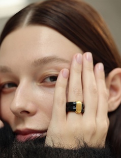 黑金珐琅戒指滴釉条纹法式时尚气质铜，镀金黑色宽版复古小众高级感