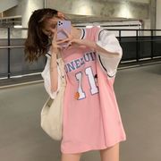 篮球服女假两件t恤女生球衣，背心女童篮球衣女，款短袖韩版粉色上衣