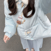 韩系羊羔毛领牛角扣蓝色棉服，女2024冬季高级感小个子短款棉袄