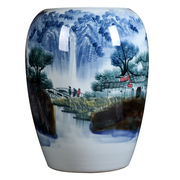景德镇陶瓷器花瓶摆件名家，手绘窑变山水图画筒，新中式玄关装饰品