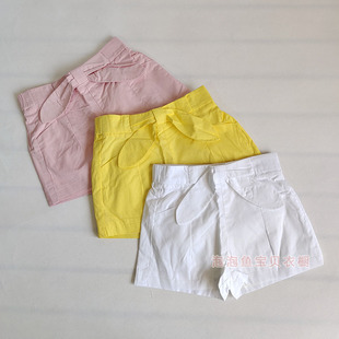 夏季纯原女童梭织棉布，糖果色粉色黄色白色短裤，儿童蝴蝶结纯棉裤子