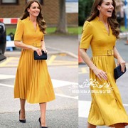 高级定制凯特王妃同款黄色泡泡，袖百褶连衣裙，长款修身优雅气质春秋