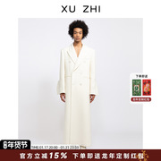 xuzhi设计师品牌23秋冬娜然同款白色西服领中长款双排，扣大衣毛呢