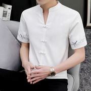 男士个性v领短袖t恤夏季中国风，刺绣棉麻复古民族风青年透气体恤衫