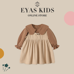 eyas女童灯芯绒娃娃领背带，裙套装2024春季森系甜美衬衫两件套