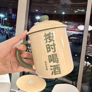 创意怀旧搪瓷杯子大容量办公室，马克杯带盖茶杯陶瓷茶缸情侣水杯男