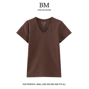 BM FashionV领螺纹短袖T恤bm基础款显身材高腰贴身内搭上衣女