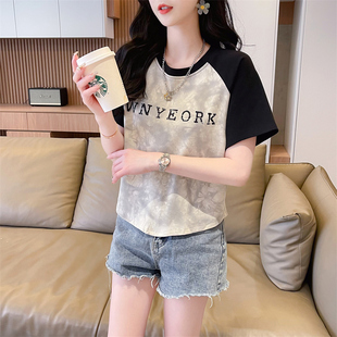 纯棉t恤女短袖夏季韩版宽松大码女装，设计感小众插肩袖短款上衣服