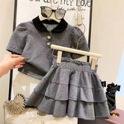 女童学院风polo领套装，2023夏季宝宝泡泡袖，t恤蛋糕短裙两件套