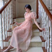 甜美公主欧根纱泡泡袖连衣裙，女夏季2022洋气气质漂亮长裙子