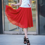 夏季雪纺半身裙女大码红色短裙女高腰大摆纯色广场舞过膝伞裙