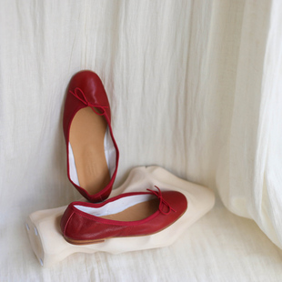 花边女法式手工芭蕾舞鞋红色真皮单鞋 浅口平底浅口圆头女鞋