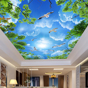客厅卧室大型天顶3d壁纸吊顶，天花板壁画墙纸，画房顶棚绿色风景树枝