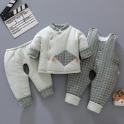 新生婴儿棉衣套装，加厚冬季男宝宝衣服，0-1岁女棉袄背带三件套