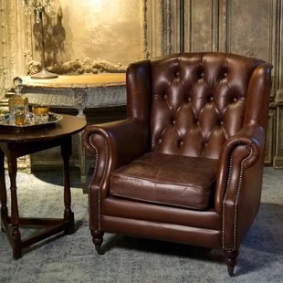 中古风经典美式重油蜡真皮老虎椅单人沙发椅雪茄房休闲椅高端复古