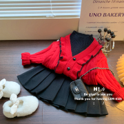 新年装女童韩版花边假两件红色针织套头甜美毛衣百褶毛呢裙套装潮