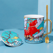 文化创意陶瓷杯子带盖马克杯，牛图案国潮水杯，咖啡杯办公室
