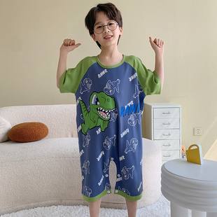 男童睡衣连体恐龙儿童夏季薄款连身，纯棉短袖小男孩宝宝亲子家居服