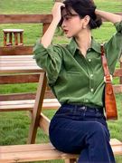 港风法式绿色磨毛衬衫女初春装2024长袖衬衣设计感小众上衣