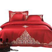 欧式贡缎大红色婚庆四件套全棉刺绣，新婚庆(新婚庆)床上用品结婚六件套床品