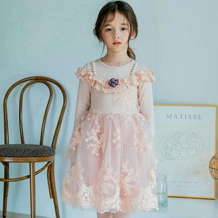  韩国进口童装Marianu2018秋女童珍珠蕾丝公主长袖连衣裙