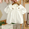 女童衬衣纯棉夏装2024宝宝，衬衫娃娃领短袖打底衫，洋气婴儿小衫